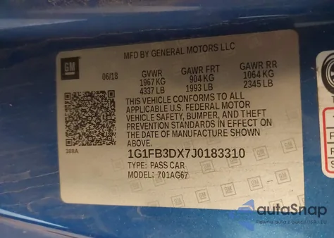 2018 Chevrolet Camaro 1Lt from USA, damaged, VIN 1G1FB3DX7J0183310